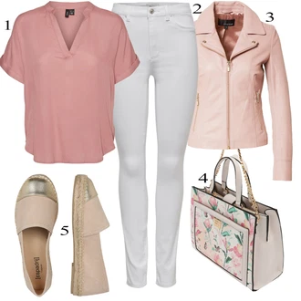 outfit mit Roza/Bež/Modra Usnjena Jakna "Pokrivalo za pomlad"