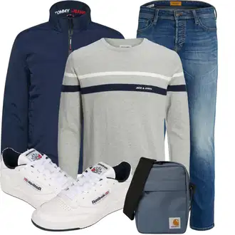 Outfit mit Blau/Hellblau/Dunkelblau Tapered-Jeans/Slim Fit Jeans/Vintage Jeans/Low Rise Jean/Winterjacke/Herren Lederjacke/Damen 7/8-Länge Jeans/Straight Leg Jean/Cropped Jeans/Leder Schuhe/Lederjacke/Low Waist Jean/Dad Jeans/Sportschuhe/Regular-Fit Jeans/Girlfriend Jeans Jack & Jones "Super für die Freizeit"