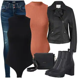 Glamourové Outfit s Tmavě šedá/Černá Kožené Bund Bunda z Umělé Kůže/Motorkářské Bund/Motorkářská bunda/Kožené Bund/Kožená vintage bunda Tom Tailor "Veselé jarní outfit"Look: Klasické, Moderní, Metal, Vintage, Šik, Glamourové, Egirl, Pracovní oděvy