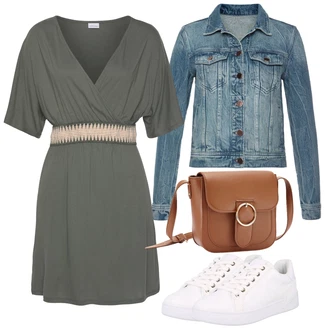 Výstřih na ramena Outfit s Zelená/Tmavě zelená Halenkové Šaty/Pouzdrové Šaty/Občanské šaty/Tunikové šaty/Šaty s Páskem/Zavinovací Šaty/Ležérní Šaty Lascana "Vzhledy pro volný čas"