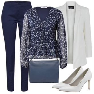 Květinová Moc Outfit s Tmavě modrá/Modrá Vzorovaná Halenka/Neobvyklá Halenka/Halenkový Top/Crash blůza/Halenka s Potiskem/Rozverná blůza/Průhledná blůza/Carmen Blůza About You "Vzhledy pro volný čas"