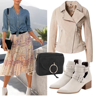 S nýtováním Kůže Outfit s Béžová/Hnědá/Šedá Kozačka Kožená kotníková bota/Kovbojská kotníková bota/Letní kotníková Kozačka/Plochá Kotníková Bota/Kotníková Bota s Podšívkou/Špičatá Kozačka Lascana "Vzhledy pro volný čas"