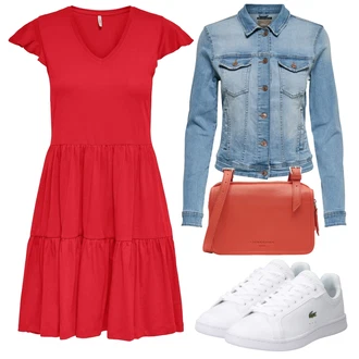 Outfit s Červená/Tmavě červená Jednobarevné/Volánové šaty/Žerzejové Šaty/Šaty s Kapsou/Šaty Fit & Flare/Bavlněné Šaty/Skater šaty/Ležérní Šaty Only "Vzhledy pro volný čas"