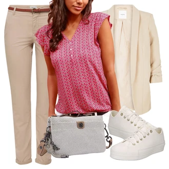 Outfit s Růžová/Červená Blůza s knoflíčkem/Halenka/Rozverná blůza/Vzorovaná Halenka/Crash blůza/Halenkový Top/Halenka s Krátkým Rukávem Lascana "Vzhledy pro volný čas"