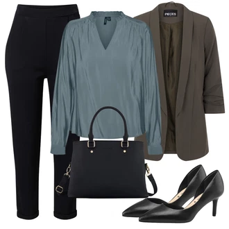 Outfit s Šedá/Modrá/Světle modrá Halenka se Stojatým Límcem/Halenka s Dlouhým Rukávem/Otevřená Halenka/Crash blůza/Halenkový Top/Saténová Halenka/Hedvábná Halenka/Halenka s Nafouknutým Rukávem/Plisovaná Halenka/Jednobarevná Halenka VERO MODA "Vzhledy pro volný čas"