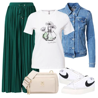 Outfit s Tmavě Zelená/Zelená/Tyrkysový Palazzo Kalhoty/Plisovaná Kalhoty/Plisovaná Kalhoty/Široká Kalhoty About You "Vzhledy pro volný čas"