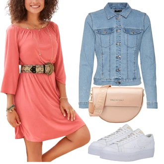 Outfit s Červená/Růžová/Oranžová Žerzejové Šaty/Tunikové šaty/Šaty s dlouhým rukávem/Šaty s trumpetovým rukávem/Šaty s 3/4 Rukávem/Šaty na Konfirmaci/Šaty s Páskem Lascana "Vzhledy pro volný čas"