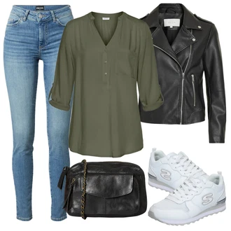 Krátká Outfit s Khaki/Tmavě zelená Kožená bunda/Dlouhá Halenka/Klasická tunika/Halenka S 3/4 Rukávem/Blůza s knoflíčkem/Jednobarevná Halenka/Tunikové Tričko Lascana "Vzhledy pro volný čas"