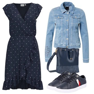 Motorka Outfit s Světle modrá/Modrá Džínové Bund/Letní Bund/Ažurová pletená bunda/Krátké Džínové Bundičky TAIFUN "Vzhledy pro volný čas"Look: Jízda na koni, Motorka