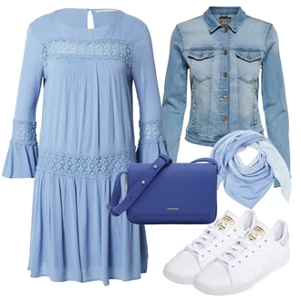 Ke kolenům Viskóza Outfit s Světle modrá/Modrá Šaty S Kosticí/Občanské šaty/Společenské šaty pro hosta/Letní Šaty/Halenkové Šaty/Šaty na Konfirmaci/Tunikové šaty/Boho Šaty Elegantní/Francouzské šaty/Šaty s trumpetovým rukávem Only "Vzhledy pro volný čas"