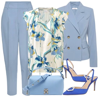 Čtvrtinový rukáv Outfit s Modrá/Tmavě modrá/Bílá Halenka Carmen Blůza/Vzorovaná Halenka/Halenka s Potiskem/Halenkový Top/Halenka s Mašlí/Neobvyklá Halenka/Zavazovací Halenka/Rozverná blůza/Halenka s Krátkým Rukávem Lascana "Vzhledy pro volný čas"