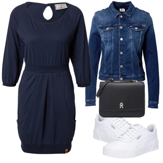 90tá léta Outfit s Modrá/Světle modrá/Tmavě modrá Vintage Bund/Krátké Džínové Bundičky/Džínové Bund Tommy Jeans "Vzhledy pro volný čas"Look: 90tá léta, Cool, Námořní, Mom, Krásný, Univerzitní, Western, Pracovní oděvy, Retro