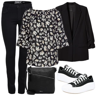 Květinová Moc Outfit s Černá/Hnědá/Bílá Vzorovaná Halenka/Halenka S 3/4 Rukávem/Halenka s Potiskem/Halenkový Top/Halenka s Mašlí Lascana "Vzhledy pro volný čas"