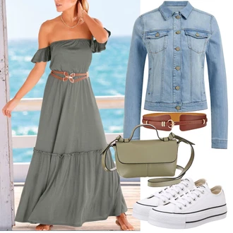 Dlouhé Outfit s Tmavě zelená/Světle zelená/Zelená Šaty Carmen/Společenské šaty pro hosta/Šaty S Odhalenými Rameny/Maxi Šaty/Dlouhé Letní Šaty Lascana "Vzhledy pro volný čas"