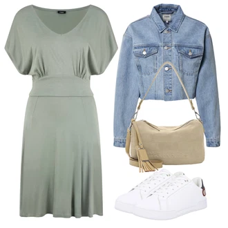 Výstřih na ramena Outfit s Světle zelená/Tmavě zelená/Zelená Společenské šaty pro hosta/Tunikové šaty/Zavinovací Šaty/Občanské šaty/Šaty s Páskem/Žerzejové Šaty VIVANCE "Vzhledy pro volný čas"