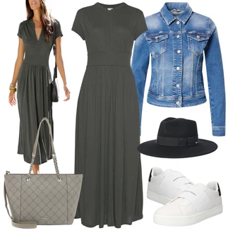 Dlouhé Outfit s Tmavě šedá/Tmavě zelená/Šedá/Khaki Dlouhé Šaty/Dlouhé Letní Šaty/Dlouhé pletené šaty/Šaty v Délce do Lýtka/Společenské šaty pro hosta/Žerzejové Šaty/Občanské šaty/Maxi Šaty Lascana "Vzhledy pro volný čas"