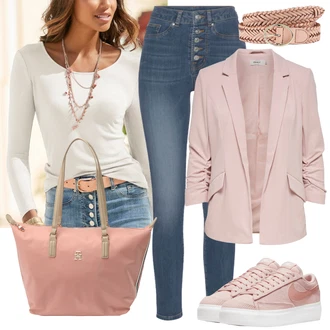 Vintage Outfit s Modrá/Tmavě modrá/Světle modrá Kožené Boty/Zkrácené Džíny/Push up Džín/Kotníková Bota/Navlékací džíny/Capri Džíny/Dámské Džíny s Délkou 7/8/Kožená bunda Lascana "Vzhledy pro volný čas"Look: Ležérní, Cool, Krásný, Old Money, Skromné, Vintage