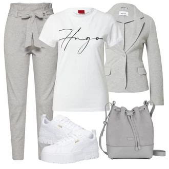 Elegantní Outfit s Šedá/Khaki/Světle šedá Kalhoty s Vysokým Pasem/Mrkvová Kalhoty/Paperbag Kalhoty/Boyfriend Kalhoty/Žerzejová Kalhoty/Ležérní Kalhoty/Teplák/Jogger Kalhoty VERO MODA "Vzhledy pro volný čas"Look: Ležérní, Cool, Elegantní, Pro Dům, Old Money, Venkovní, Chytrý příležitostný, Univerzitní