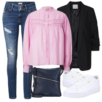 Outfit s Růžová Halenka se Stojatým Límcem/Neobvyklá Halenka/Plisovaná Halenka/Vintage Halenka/Blůza s knoflíčkem/Rozverná blůza/Halenka s Volánem/Carmen Blůza Boss "Vzhledy pro volný čas"