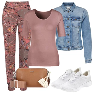 Outfit s Hnědá/Červená/Fialová/Tmavě červená/Růžová Kalhoty s Potiskem/Tradiční Kalhoty/Mušelínové kalhoty/Látková Kalhoty Lascana "Vzhledy pro volný čas"