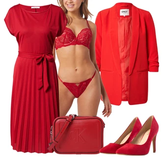 Outfit s Červená/Tmavě červená Žerzejové Šaty/Společenské šaty pro hosta/Občanské šaty/Šaty s Páskem/Dlouhé pletené šaty/Zavinovací Šaty/Plisované Šaty About You "Vzhledy pro volný čas"