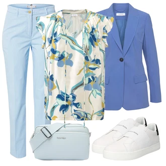 Čtvrtinový rukáv Outfit s Modrá/Tmavě modrá/Bílá Halenka Carmen Blůza/Vzorovaná Halenka/Halenka s Potiskem/Halenkový Top/Halenka s Mašlí/Neobvyklá Halenka/Zavazovací Halenka/Rozverná blůza/Halenka s Krátkým Rukávem Lascana "Vzhledy pro volný čas"