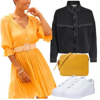 Outfit s Oranžová Dlouhé Šaty/Slim Fit Džíny/Dlouhé Kardigany/Dlouhý Svetr/Taška Přes Rameno/Dlouhý Zimní Kabát/Dlouhá tylová sukně/Doplňek Calvin Klein "Vzhledy pro volný čas"