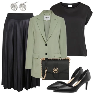 Outfit s Černá/Šedá/Tmavě šedá Sukně do Délky Lýtka/Křesťanská Sukně/Dlouhá Sukně/Maxi sukně/Midi Sukně/Moderní Sukně/Plisovaná sukně/Sukně Pro Matriku Vila "Vzhledy pro volný čas"