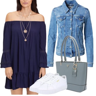 Styl Babydoll Outfit s Tmavě modrá/Modrá Halenkové Šaty/Francouzské šaty/Pouzdrové Šaty S Dlouhým Rukávem/Šaty Niki/Volánové šaty/Pouzdrové Šaty/Šaty S Kosticí/Šaty s trumpetovým rukávem/Tunikové šaty Lascana "Vzhledy pro volný čas"Look: Styl, Babydoll, Námořní, Příliš oblečený, Nadrozměrné