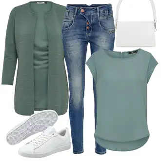Outfit s Tyrkysový/Zelená/Khaki Pletenina veľkej veľkosti/Tunika/Kabát/Kalhoty Veľké Veľkosti Only "Cool vzhled na jaro"
