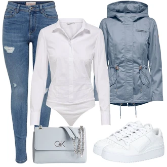 moderne Outfit sa Plava/Svjetloplava Kožna Jakna/Push-up Traperice/Traperice s Prorezom/Traperice s Rupom/High Waist Traperice/Kožne jakne Only "Cool za slobodno vrijeme"Look: Stil, Rap, Besprijekorno, Old Money, 90-ich, cool, Francuske, moderne, Disko