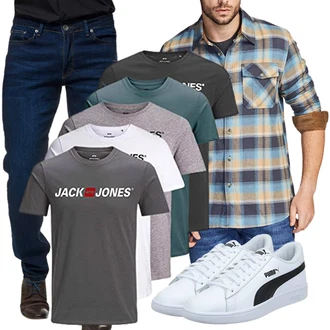 Outfit mit Grau/Hellblau/Blau Kariertes Hemd/Flanellhemd CQR "Cooler Look für den Frühling"