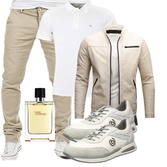 Motorrad Outfit mit Beige/Khaki Kunstfaserjacke/Motorradjacke/Kunstlederjacke/Frühlingsjacke/Sommerjacke/Jacke mit Seitlichem Reißverschluss Crone "Cooles Outfit"Look: Reiten, Motorrad