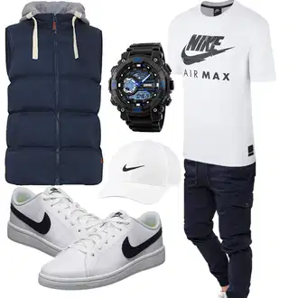 Sport Outfits 70er mit Dunkelblau/Hellblau/Blau Ärmellose Weste/Isolationsweste/Kurze Weste/Steppweste/Daunenweste/Puffer Weste Blend "Cooles Outfit"Look: Goa, Western, Indoor, Outdoor, GoGo, Schütze, Sportlich, Retro, Maritim, Unisex, Oversize, 70er, Vintage