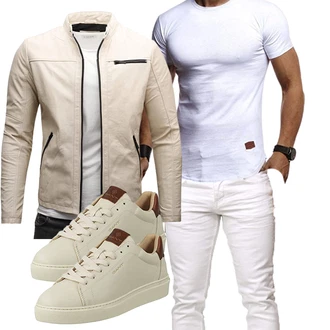 Motorrad Outfit mit Beige/Khaki Kunstfaserjacke/Motorradjacke/Kunstlederjacke/Frühlingsjacke/Sommerjacke/Jacke mit Seitlichem Reißverschluss Crone "Cooles Outfit"Look: Reiten, Motorrad