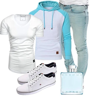 Outfit mit Hellblau/Blau Thermo Pullover/Kapuzenpullover/Hoodie/Kapuzenpullover/Sport Sweatshirt/Ausgefallener Hoodie/Sport Hoodie/Strick Hoodie YuKaiChen "Cooles Outfit"