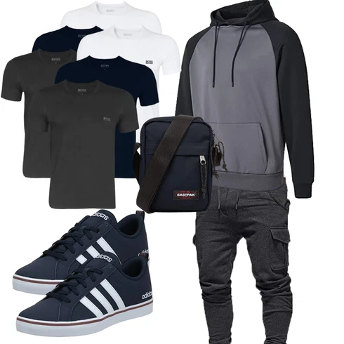 Blau Hose Behype kombinieren mit Grau/Hellgrau/Dunkelgrau/Dunkelblau Sport Sweatshirt/Sport Hoodie/Pullover mit Reißverschluss/2-in-1 Pullover/Kapuzenpullover YuKaiChen