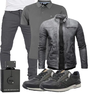 Outfit mit Dunkelgrau/Grau/Dunkelblau Leder Bomberjacke/Motorradjacke/Bikerjacke/Jacke mit Seitlichem Reißverschluss/KunstLederjacke Crone "Cooles Outfit"