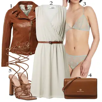 Outfit s Khaki/Hnědá/Béžová Šaty s Páskem/Zavinovací Šaty/Šaty Bez Rukávů/Letní Šaty/Ležérní Šaty/Žerzejové Šaty/Šaty s Vodopádovým Výstřihem About You "Jarní outfit"