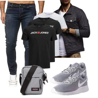 Rundhals Outfit mit Schwarz/Dunkelblau/Dunkelgrau/Hellblau Ausgefallener Hoodie/Pullover mit Stehkragen/Sweatshirt Sweatjacke Leif Nelson "Freizeit Outfit"