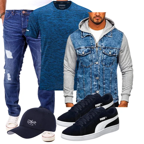 Blau/Hellblau/Grau/Dunkelblau KapuzenJacke/Kurze JeansJacke BOLF kombinieren