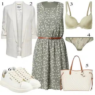 Outfit s Tmavě zelená/Zelená Šaty S Potiskem/Šaty S Kosticí/Bavlněné Šaty/Šaty s Kapsou/Šaty s Páskem/Ležérní Šaty/Šaty Bez Rukávů/Letní Šaty About You "Perfektní na jaro"