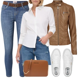 Styl Western Outfit s Modrá/Světle modrá Capri Džíny/Zimní bunda/Kožené Boty/Slim Fit Džíny/Džíny s Nízkým Sedem/Push up Džín/High Waist Džínové Kalhoty/Kožená bunda/Kotníková Bota/Džín s Nízkým Pasem/Zkrácené Džíny Sublevel "Jarní outfit"Look: Styl, Cool, Kovbojka, Univerzitní, Western