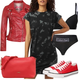 Batika Outfit s Černá/Tmavě šedá/Šedá Žerzejové Šaty/Šaty Niki/Tunikové šaty/Pouzdrové Šaty/Tričkové šaty About You "Jarní outfit"