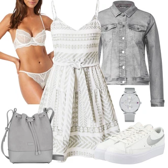 Výstřih na ramena Outfit s Šedá/Světle šedá/Bílá/Béžová/Krémová Letní Šaty/Šaty na tenké ramínko/Šaty Na Ramínko/Šaty S Potiskem About You "Módní jarní outfit"