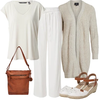 Outfit s Bílá/Khaki/Hnědá/Béžová Kardigan Kardigán s výstřihem do V/Zimní svetr/Svetr boucle/Svetr s podšívkou/Dlouhé Kardigany/Vlněný kardigán/Kašmírový kardigán Object "Módní jarní outfit"