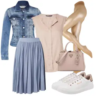 Outfit s Světle modrá/Modrá/Šedá Sukně Pro Matriku/Elastická Sukně/Moderní Sukně/Sukně Pro Školní Uniformu/Sukně Pro Vysokou Školu/Midi Sukně/Křesťanská Sukně/50tého Léta Sukně/Sukně do Délky Lýtka/Krátká plisovaná sukně About You "Módní jarní outfit"