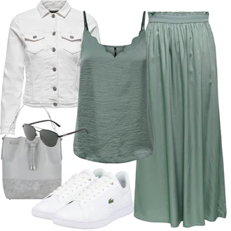 Móda pro plnoštíhlé Outfit s Šedá/Krémová/Bílá/Světle šedá Džínové Bund/Krátký Bund/Letní Bund/Košilová bunda/Krátký Bund/Krátké Džínové Bundičky Only "Módní jarní outfit"