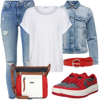 Mom Outfit s Světle modrá/Modrá Džínové Bund/Krátké Džínové Bundičky Only "Módní jarní outfit"Look: Mom, Krásný, Univerzitní, 90tá léta, Cool, S průsvitem