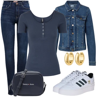 Outfit sa Plava/Tamnoplava/Svjetloplava Kratka Traper Jakna/Vintage Jakna/Traper Jakna Only "Odličan look za slobodno vrijeme"